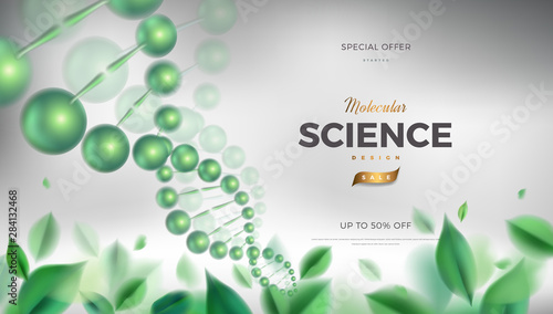 Science abstract vector background design with DNA molecular structure. 3d molecules or atoms model illustration, scientific banner for medicine, biology, chemistry or physics template