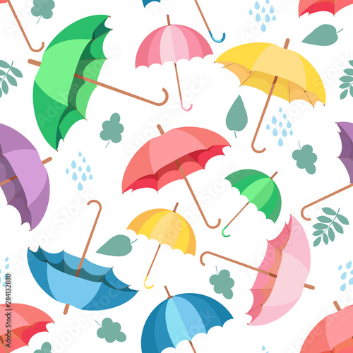 Seamless pattern with rain, leaves and colorful umbrellas . Wallpaper for children room. Weather background