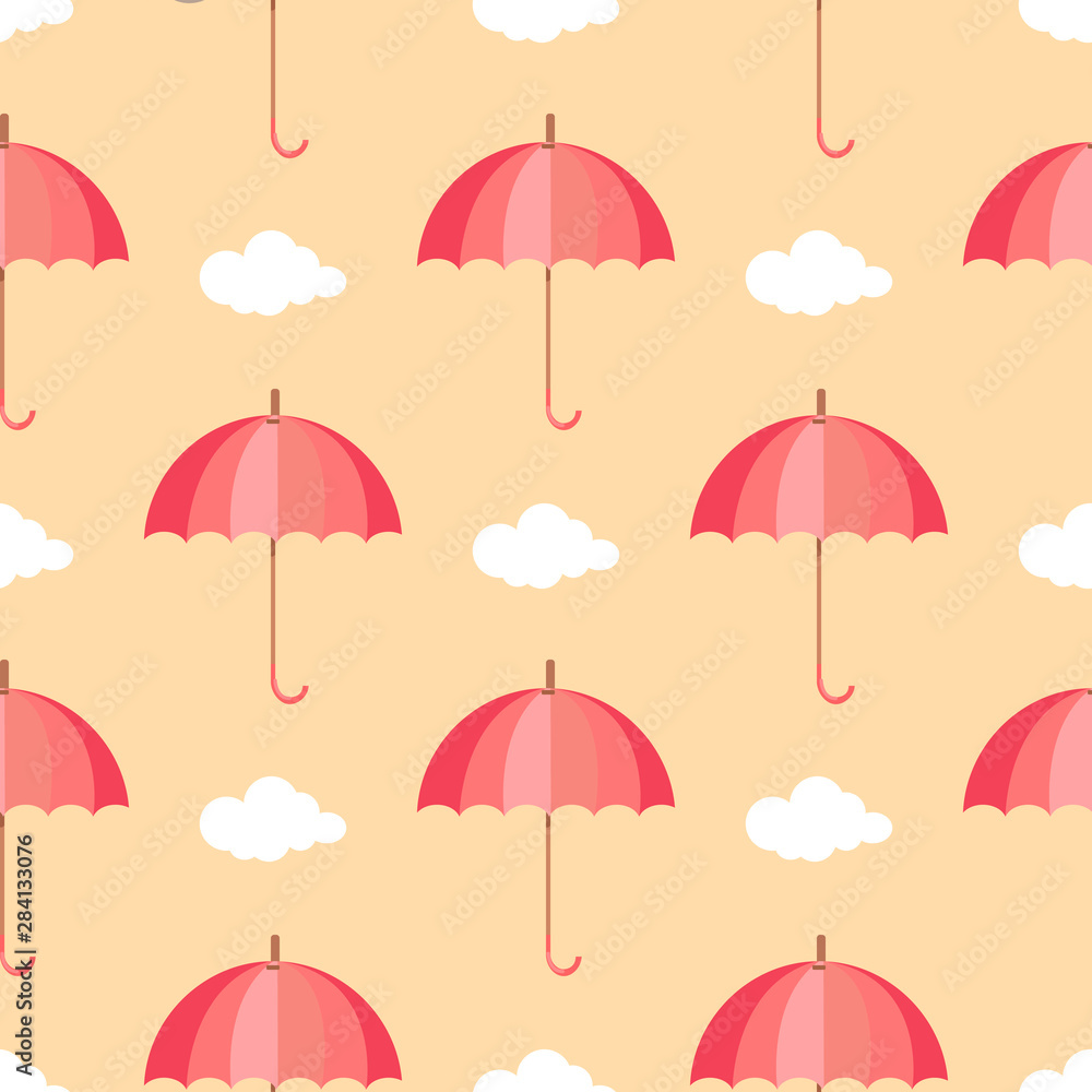 Seamless pattern with rain, leaves and colorful umbrellas . Wallpaper for children room. Weather background