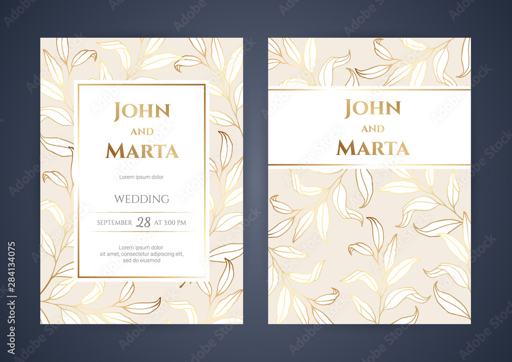 Wedding Invitation with Gold Flowers and gold geometric line design. background with golden frame. Cover design with an ornament of golden leaves. vector eps10