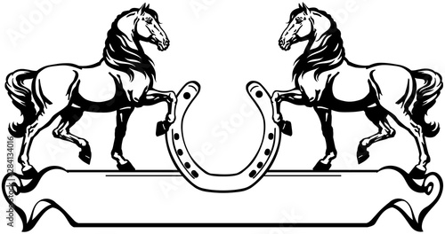 two horses in profile. Logo, banner, emblem with horseshoe and ribbon scroll. Black and white side view vector