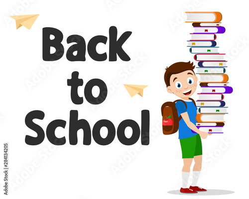 Schoolboy carries a large stack of books, a character on a white. Back to school