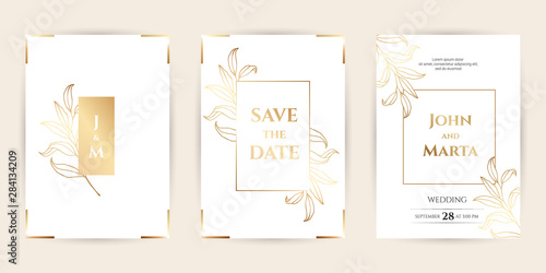 Wedding Invitation with Gold Flowers and gold geometric line design. background with geometric golden frame. Cover design with an ornament of golden leaves. vector eps10