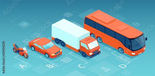 Vector of a motorcycle, car, truck and bus in a row, showing categories