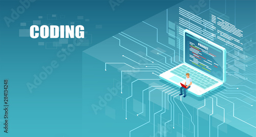 Vector of programmer man coding using computer