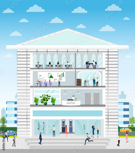 Vector of a company building with reception, office, conference room interiors and employees working inside