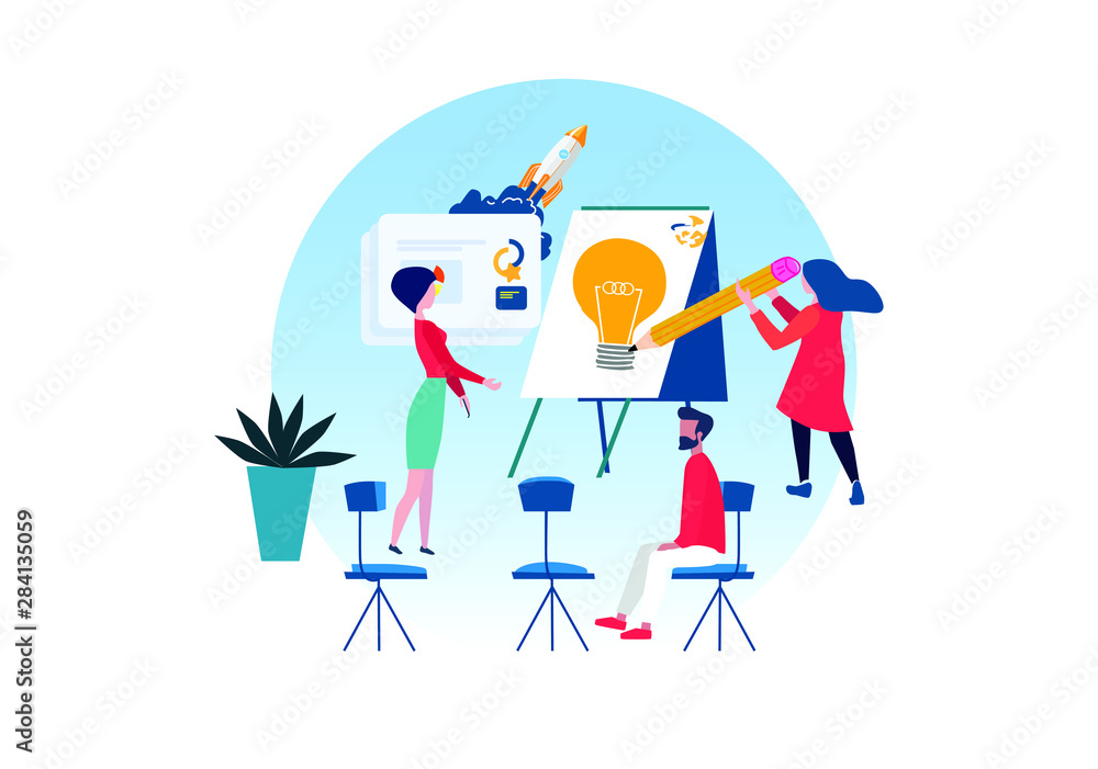 Group of people brainstorm about the project. Flat vector illustration.
