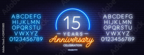 15th anniversary celebration neon sign on dark background. Neon alphabet . Template for invitation or greeting card.