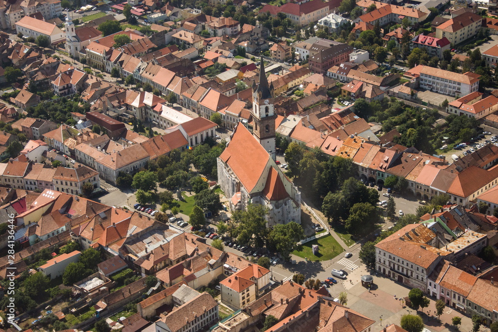 ROMANIA Bistrita view from the plane,The Evangelical Church, august 2019