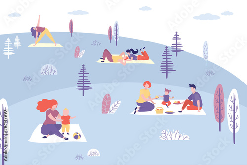 People relaxing in the park, picnic in nature.Various characters and family