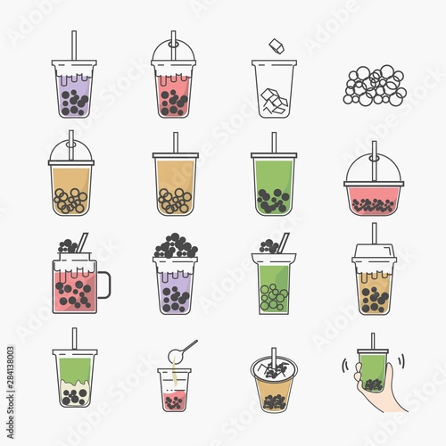 Bubble tea icon set,milk tea, shake, drink, pouring, boba juice and more Vector Symbol color, summer illustration
