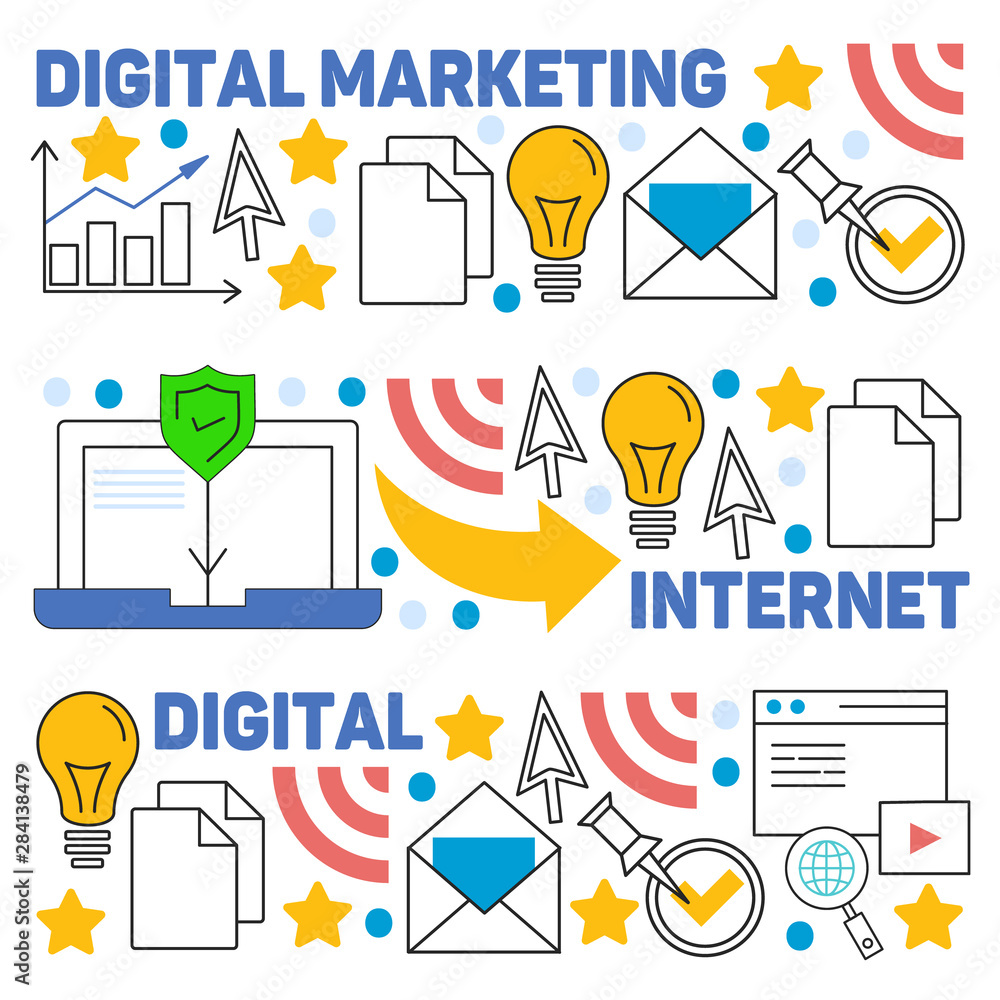 Digital marketing pattern with vector icons. Management, start up, business, internet technology. Digital marketing pattern with vector icons. Management, start up, business, internet technology.