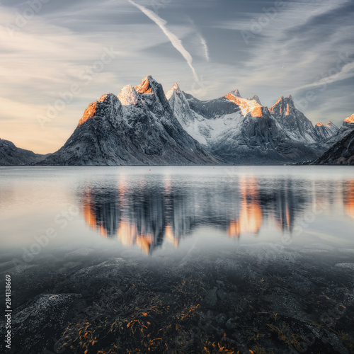 Mountain landscape at sunrise, Lofoten, Norway photo