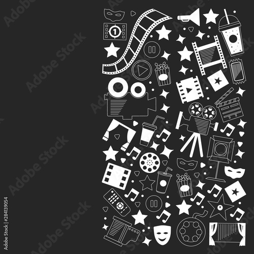 Vector pattern with cinema icons. Movie Theater  TV  popcorn  video clips  musical