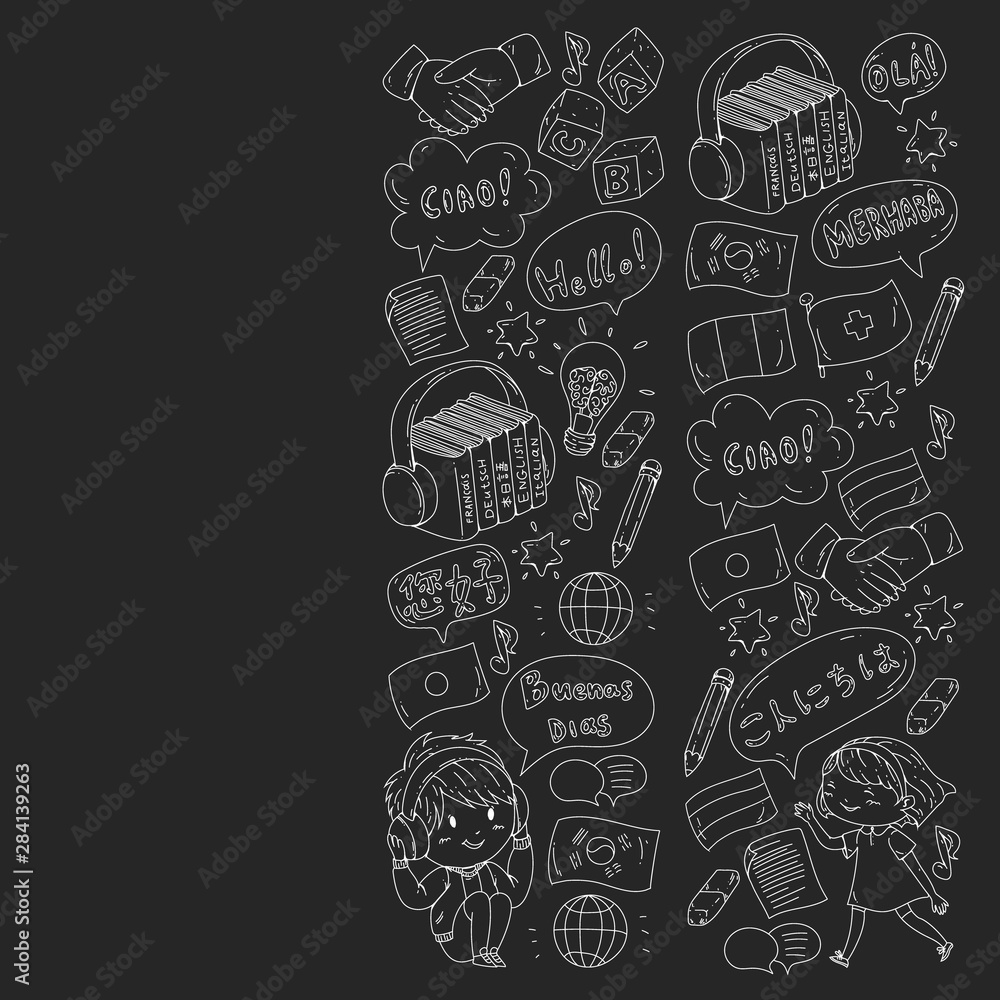 Vector pattern for language class, online courses. English, arabic, italian, japanese, spanish, chinese, german. Vector pattern for language class, online courses. English, arabic, italian, japanese, spanish, chinese, german.