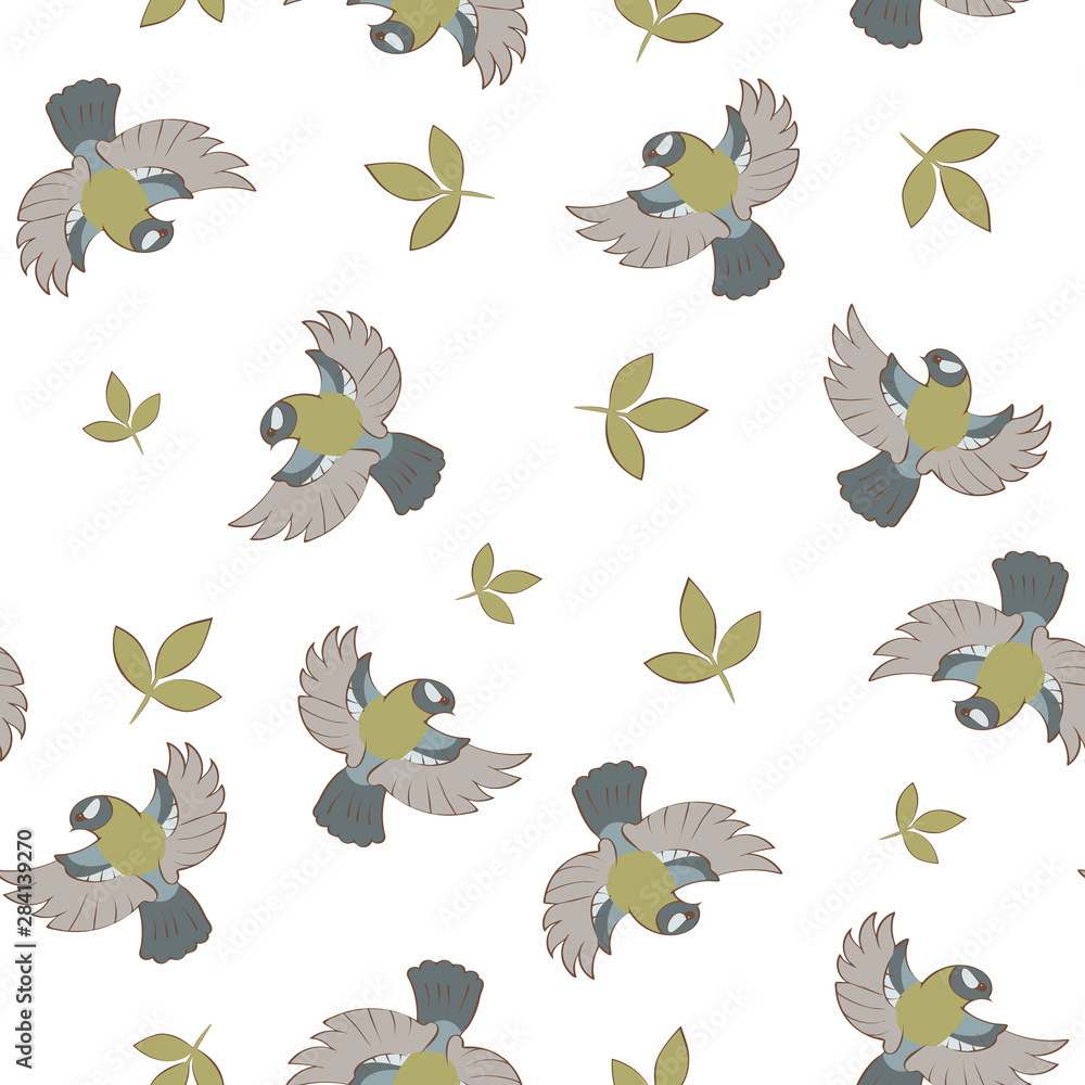 Obraz premium Pattern of small forest birds and plant leaves. Vector illustration with a green tint. Isolated background.