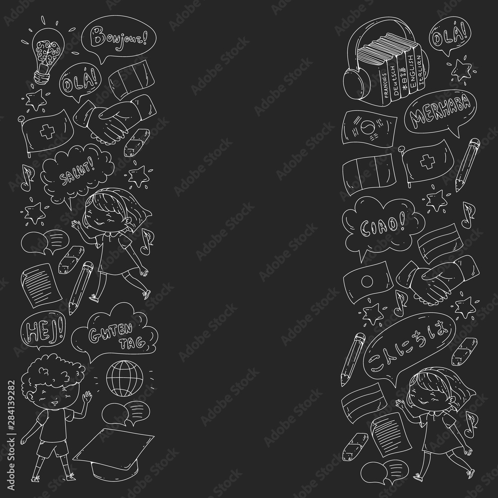Vector pattern for language class, online courses. English, arabic, italian, japanese, spanish, chinese, german. Vector pattern for language class, online courses. English, arabic, italian, japanese, spanish, chinese, german.