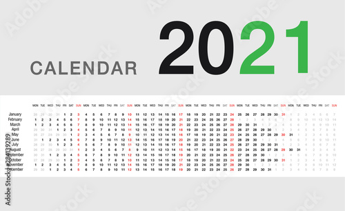 PrintYear 2021 calendar horizontal vector design template, simple and clean design. Calendar for 2019 and 2020 on White Background for organization and business. 
