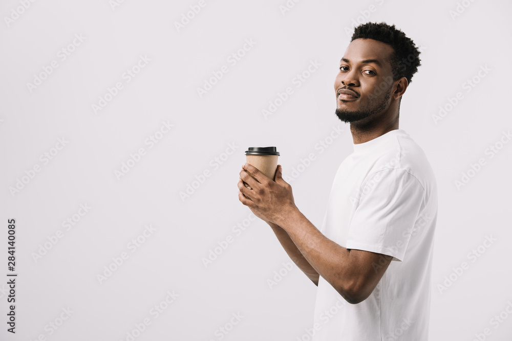 happy african american man holding paper cup isolated on white - obrazy, fototapety, plakaty 