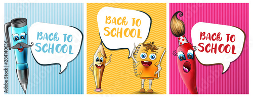 Back to school comics cartoon characters Vector. Notebook pen and ruler funny characters illustration watercolor styles