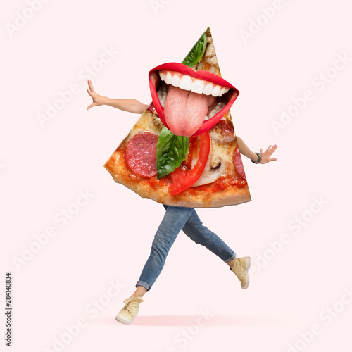 Fast food. Human body as a pizza's slice with big mouth running on coral background. Negative space to insert your text. Modern design. Contemporary art collage. Concept of nutrition, emotions, taste.