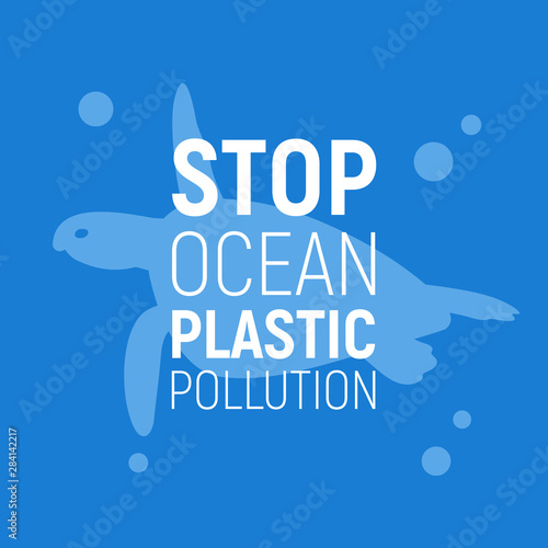 Concept of Reduce Ocean Plastic Pollution. Background with turtle. Save the ocean concept. Eco problem poster. Vector illustration