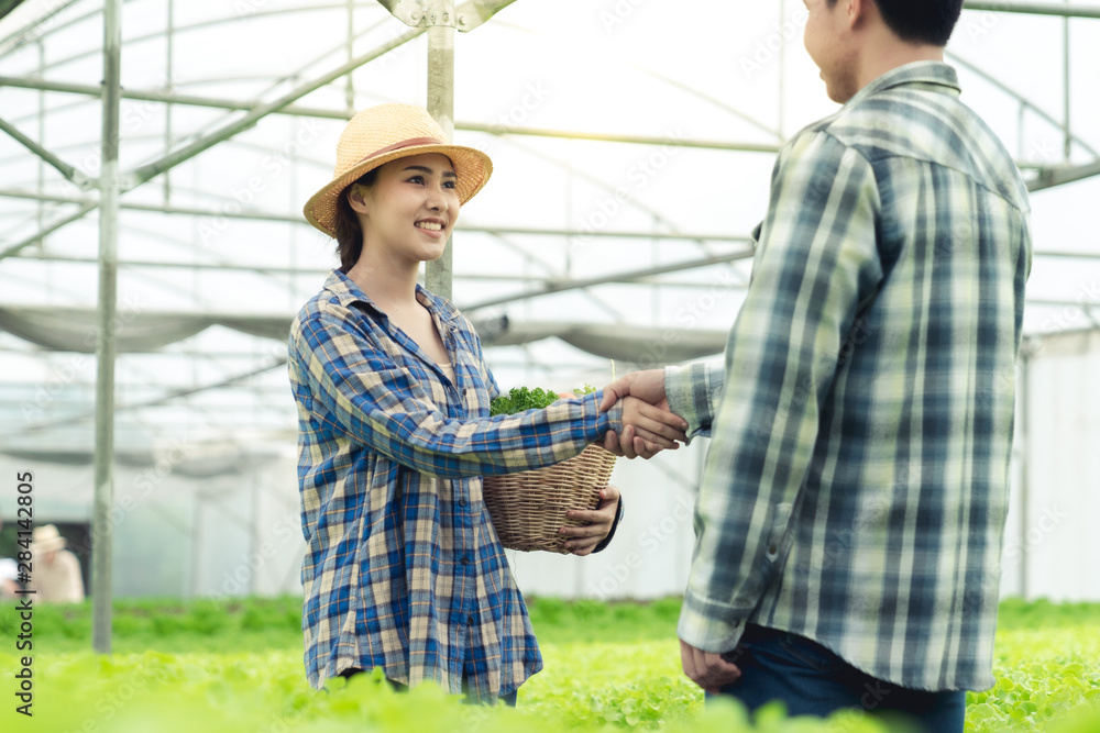 Businessman and farmer negotiate business about product hydroponic salad vegetable in a farm