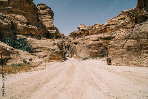 Jordan - May, 2019: As-Siq Petra, Lost rock city of Jordan. UNESCO world heritage site and one of The New 7 Wonders of the World.