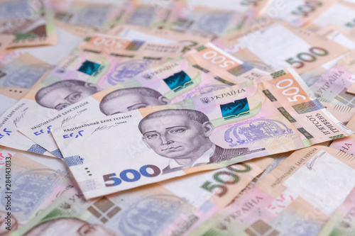 Ukrainian banknotes value of 500 hryvnias UAH closeup.