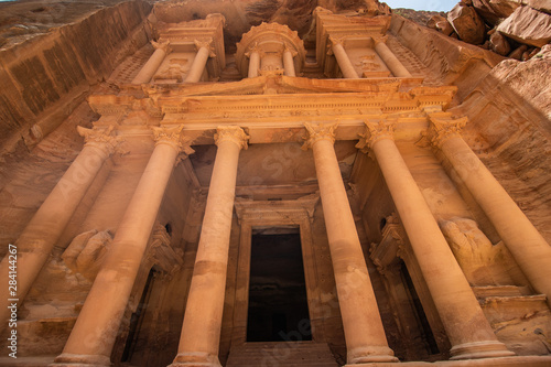 Petra, Jordan - May, 2019: Famous facade of Ad Deir in ancient city Petra, Jordan. Monastery in ancient city of Petra. The temple of Al Khazneh in Petra is one of UNESCO World Heritage