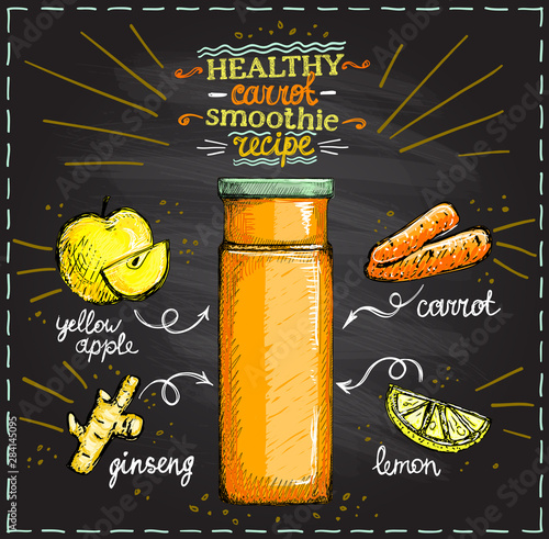 Healthy carrot smoothie recipe on a chalkboard, vegetarian smoothie menu with ingredients