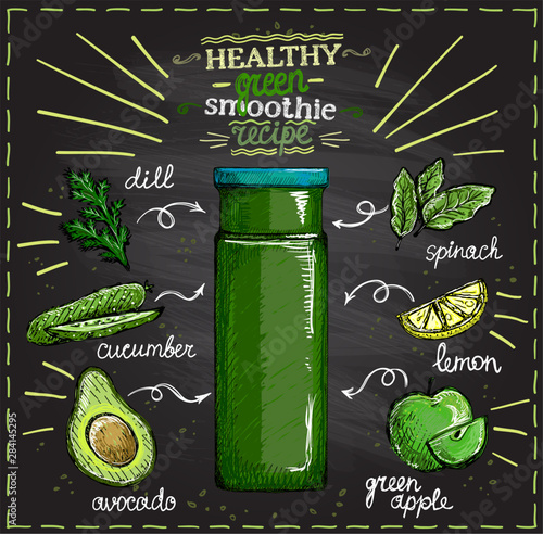 Healthy green smoothie recipe on a chalkboard with ingredients, summer vegetables cocktail sketch