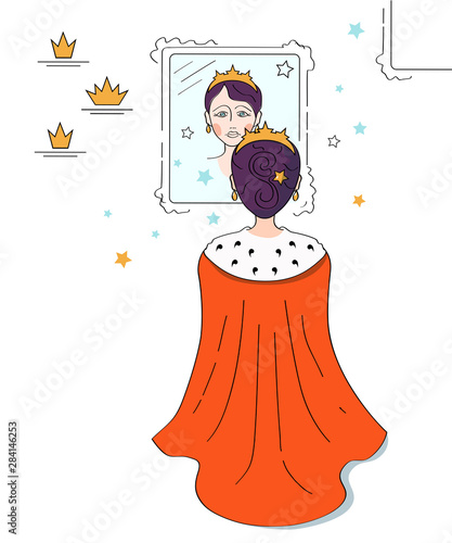 Scandal in the British royal family. Sad princess, queen looks at mirror, unsatisfied with success. Vector cartoon illustration