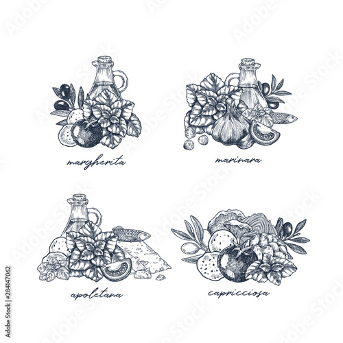 Various kind of pizza ingredients. Italian cuisine menu illustrations. Vector illustration