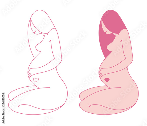 A pregnant woman with straight hair sits and holds her hand on her big belly. Set of editable contour without fill and colorized image.