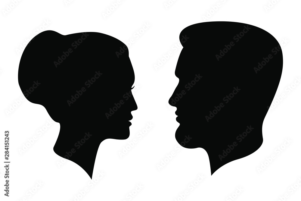 Man and woman silhouettes heads. Male and female profiles isolated on white background. Human heads symbols. Vector illustration
