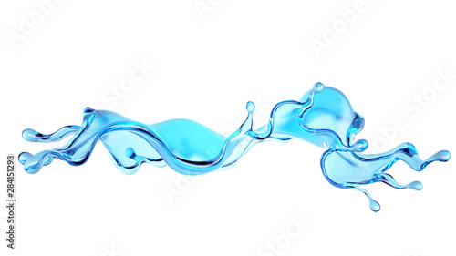 Splash of blue transparent liquid on a white background. 3d illustration, 3d rendering.