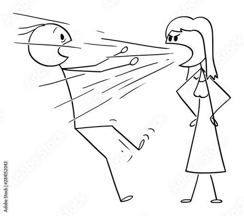 Vector cartoon stick figure drawing conceptual illustration of woman yelling or screaming at man.Concept or couple relationship.