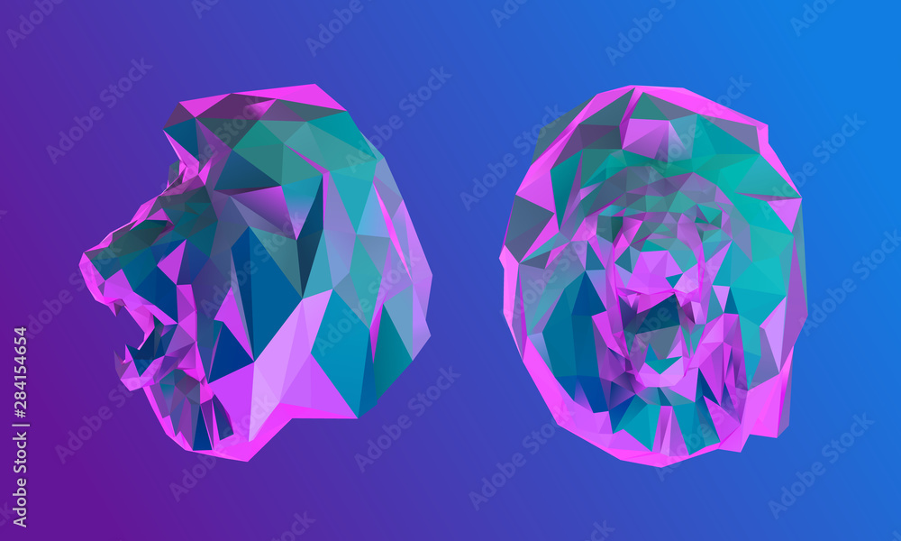 Vaporwave Lion. Set of Psychedelic Lions on Retro Background. Low Poly Vector 3D Rendering Vaporwave Lion. Set of Psychedelic Lions on Retro Background. Low Poly Vector 3D Rendering
