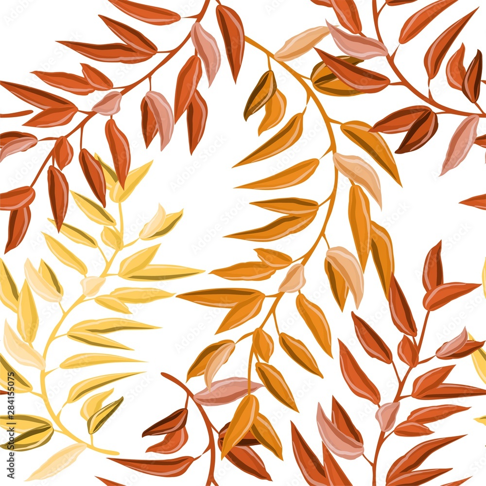 Tropical leaves. White background. Seamless pattern. Primitive drawing. For a different design. Brown and yellow tones. Tropical leaves. White background. Seamless pattern. Primitive drawing. For a different design. Brown and yellow tones.
