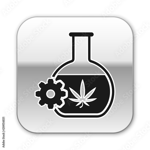 Black Chemical test tube with marijuana or cannabis leaf icon isolated on white background. Research concept. Laboratory CBD oil concept. Silver square button. Vector Illustration