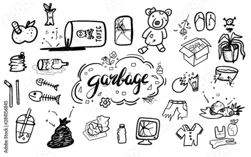 cute doodle set of trash and garbage, things that can be recycled and can not, useless and broken stuff