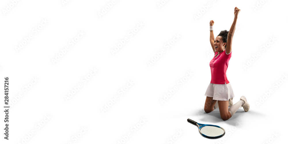 Isolated Female tennis player rejoices in victory on white background