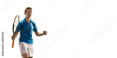 Isolated Male tennis player rejoices in victory on white background 