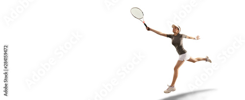Isolated Female athlete plays tennis on white background