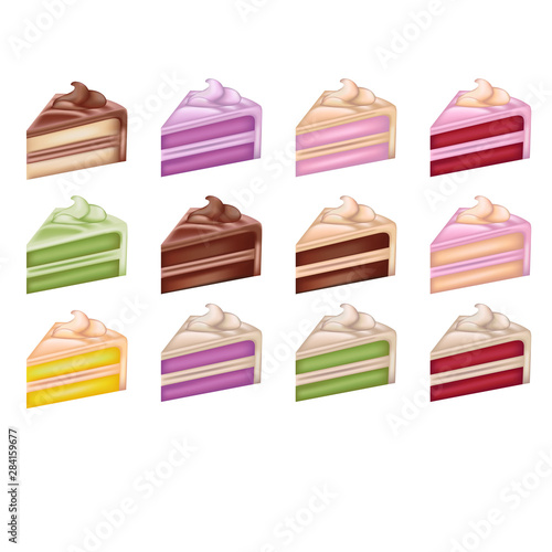 Cheesecake vanilla, chocolate, strawberries, banana, blueberries, kiwi set vector illustration