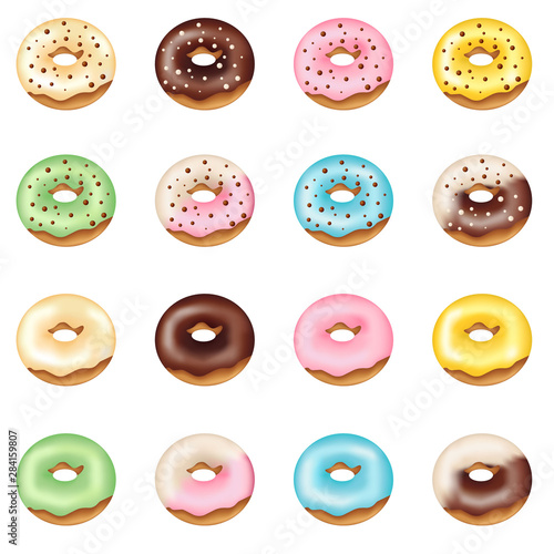 set of vector glazed colorful donut vanilla, chocolate, strawberries, banana, blueberries, kiwi