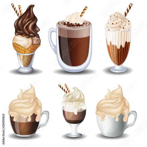 Set of drinks hot chocolate, ice cream, Coffee, milk shake. On white background