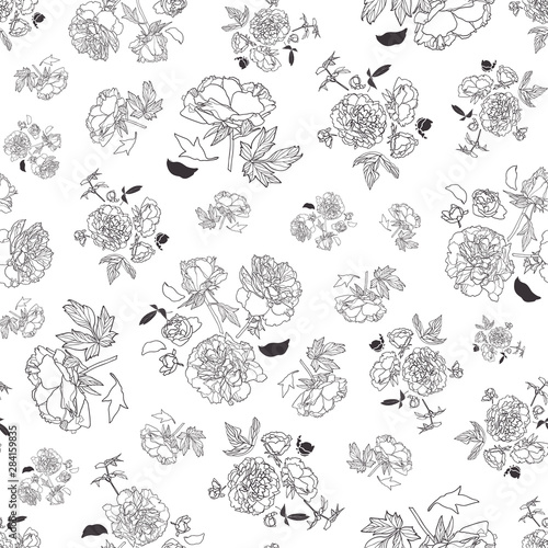 Festive lineart peony blossom botany pattern, black and white contrast modern design. All over print. Perfect for wallpaper, stationary, event, wedding, fashion. Elegant outline florals.