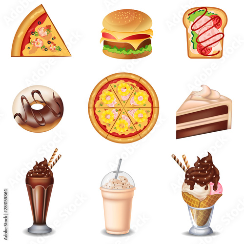 Pizza, hamburger, toast, icecream, milkshake, Cheesecake, donut vector set